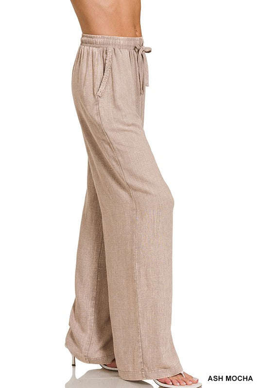 Acid Washed Linen Elastic Waist Relaxed Fit Pants