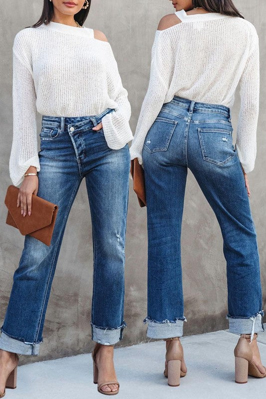 Hi Rise Straight Leg Denim Blue Jean Pants