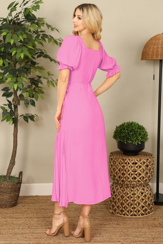 Short Puff Sleeve Surplice Solid Woven Maxi Dress