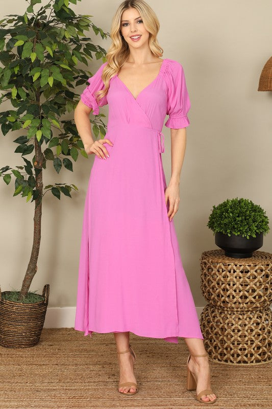 Short Puff Sleeve Surplice Solid Woven Maxi Dress