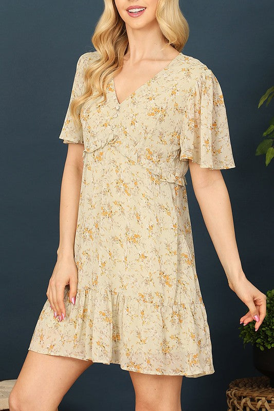 Short Bell Sleeve Floral Print Mini Dress
