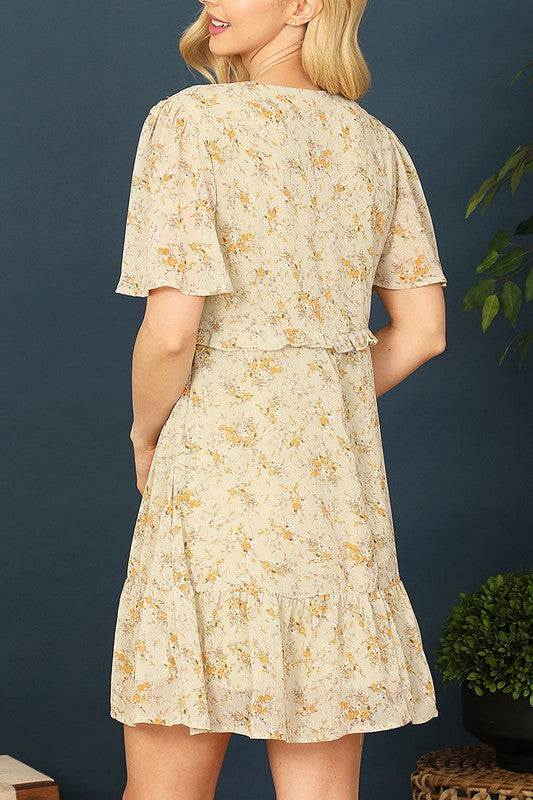 Short Bell Sleeve Floral Print Mini Dress