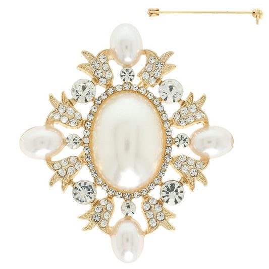 Two Tone Rhinestone and Pearl Cluster Brooch Pin