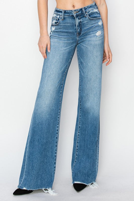 Mid Rise Tummy Control Wide Leg Denim Jeans with Raw Hem