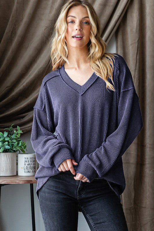 Long Puff Sleeve V Neck Ribbed Top