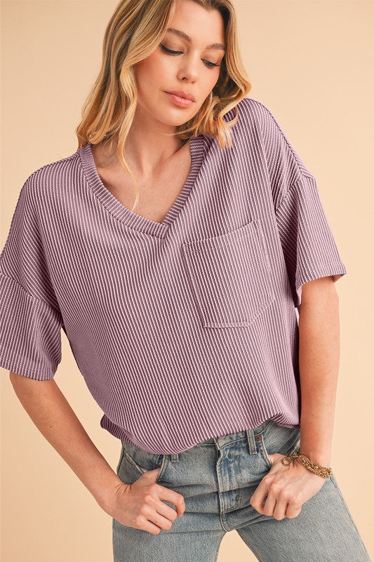 Short Drop Sleeve Ribbed V Neck Pocket T-shirt