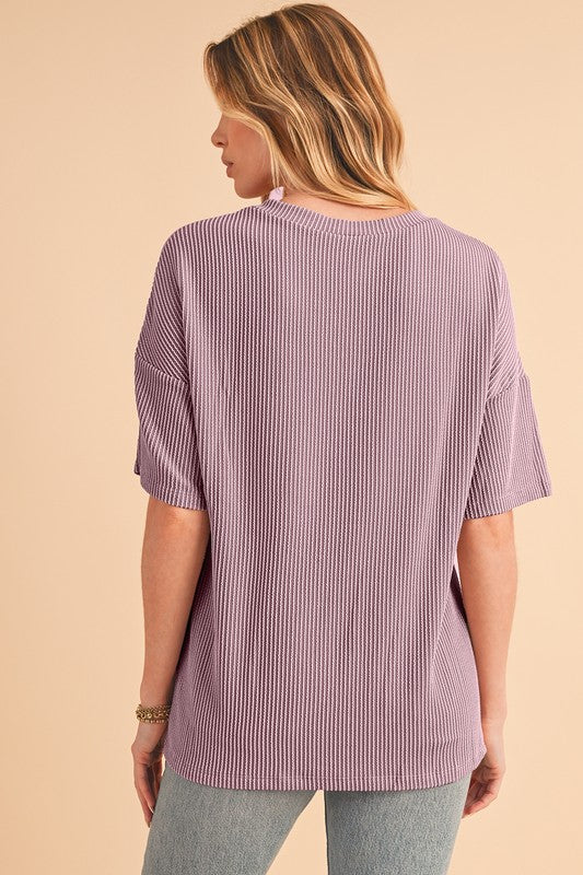 Short Drop Sleeve Ribbed V Neck Pocket T-shirt