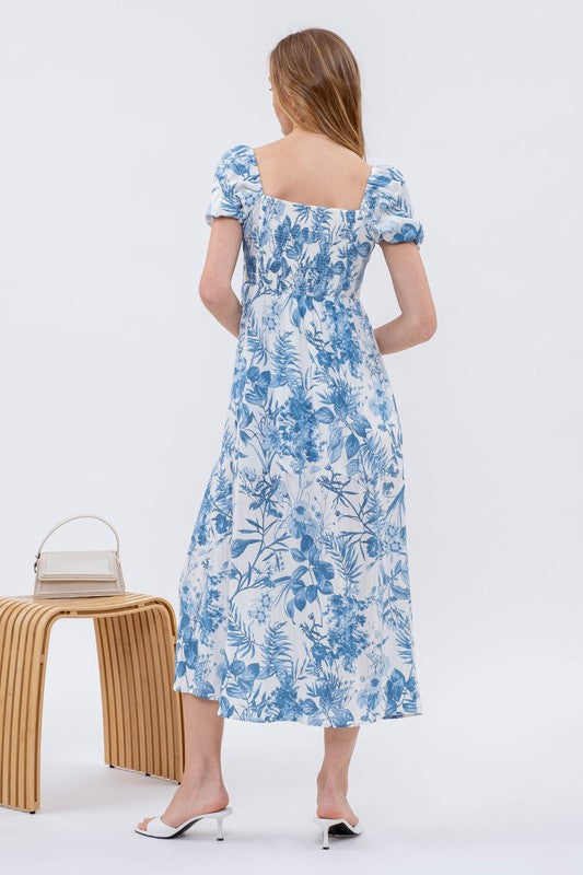 Elasticized Waist Back Smocking Sweetheat Neckline Front Ruching Short Balloon Sleeve Midi Dress with Thigh Slit