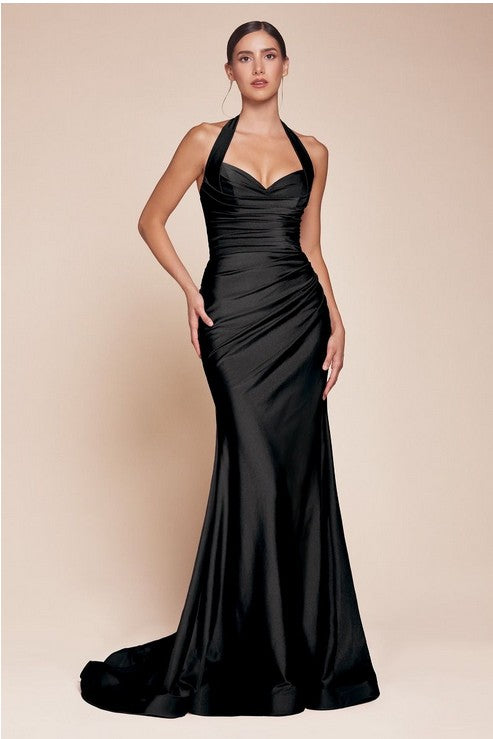 Curvy Halter Stretch Fitted Long Formal Dress with Side Slit