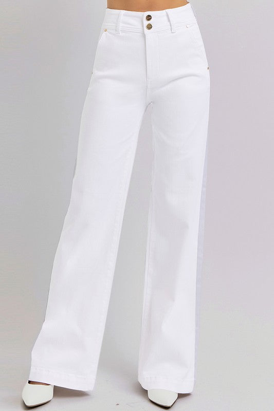 High Rise Tummy Control Wide Leg Double Button Jeans