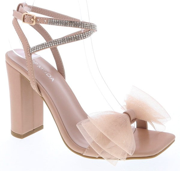 Open Toe Heel with Rhinestone Ankle Strap and Mesh Bow