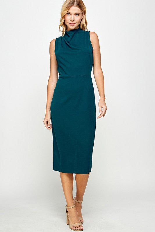 Sleeveless Solid Mock Neck Midi Dress with Back Slit