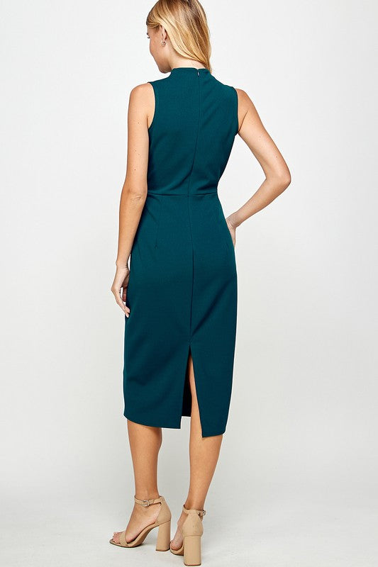 Sleeveless Solid Mock Neck Midi Dress with Back Slit