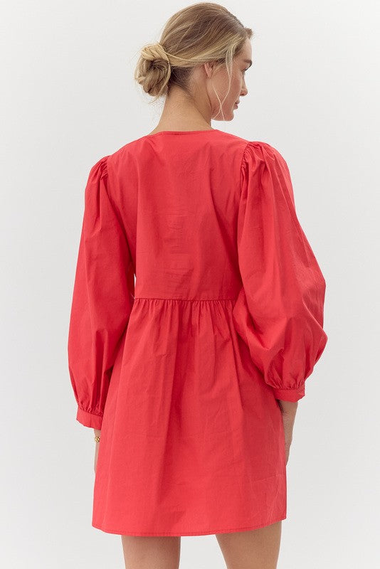 Long Peasant Sleeve Solid Baby Doll Short Dress with Bow Tie Neckline