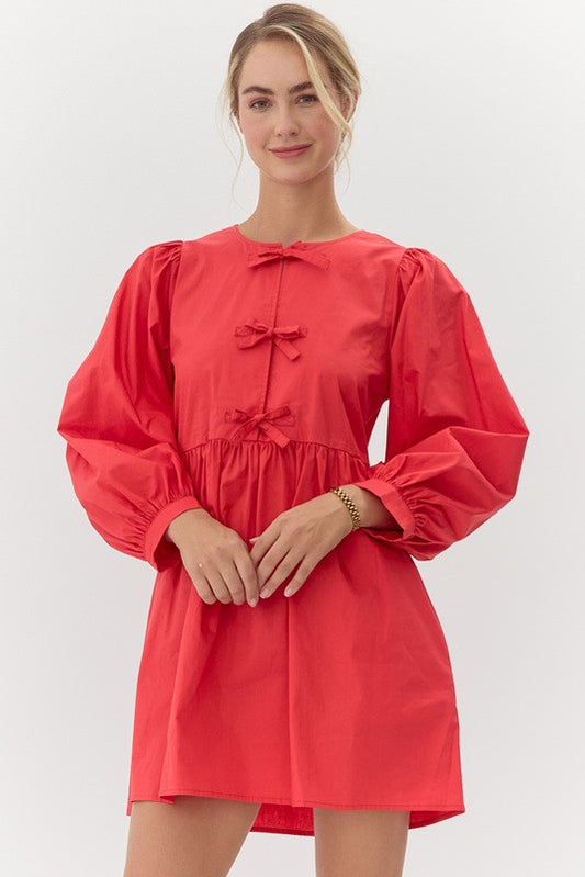 Long Peasant Sleeve Solid Baby Doll Short Dress with Bow Tie Neckline