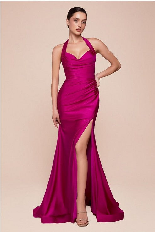 Halter Satin Stretch Fitted Long Formal Dress with Side Slit