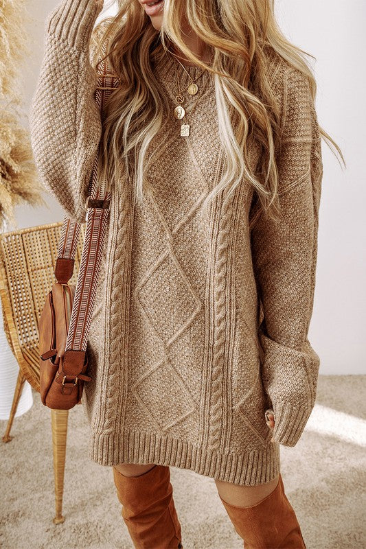 Long Sleeve Cable Knit Drop Shoulder Loose Fit Sweater Dress