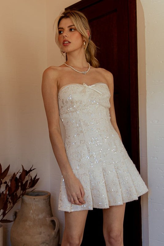 Tweed Bandeau Pleated Mini Dress with Glitter and Sequins Detail