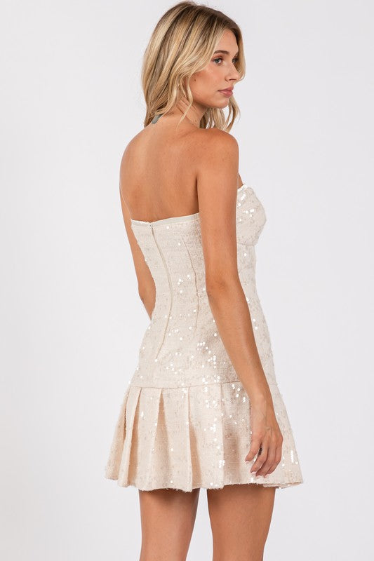 Tweed Bandeau Pleated Mini Dress with Glitter and Sequins Detail