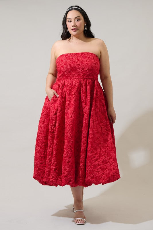 Curvy Arielle Strapless Jacquard Bubble Hem Fit and Flare Maxi Dress with Pockets