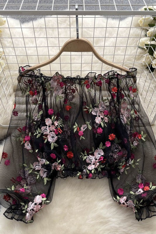 Sheer Long Sleeve Floral Embroidery Top