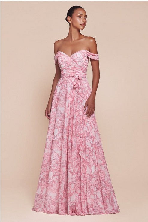 Off the Shoulder Floral Print A Line Long Formal Dress