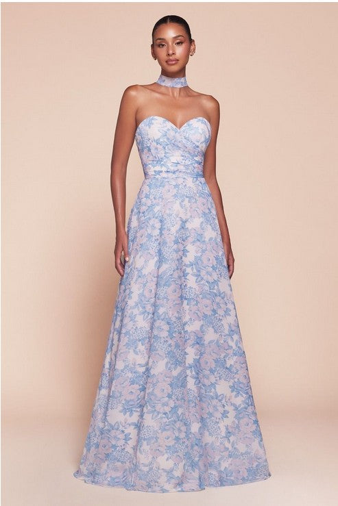 STRAPLESS A-LINE FLORAL SATIN LONG FORMAL DRESS