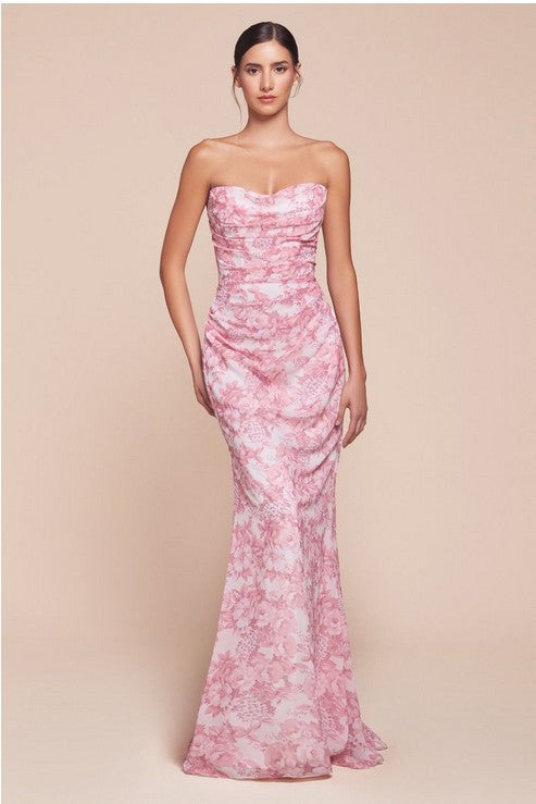 Strapless Floral Fitted Long Formal Dress