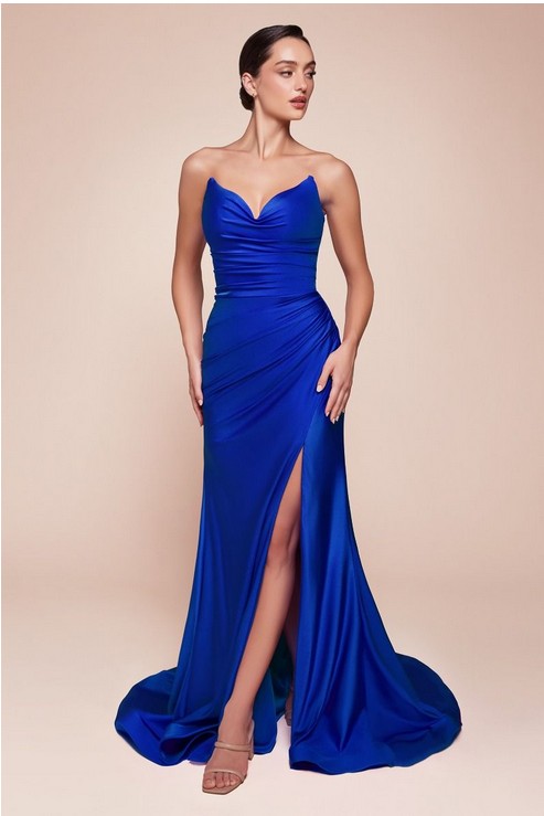 Strapless Stretch Satin Long Fitted Formal Dress with Side Slit