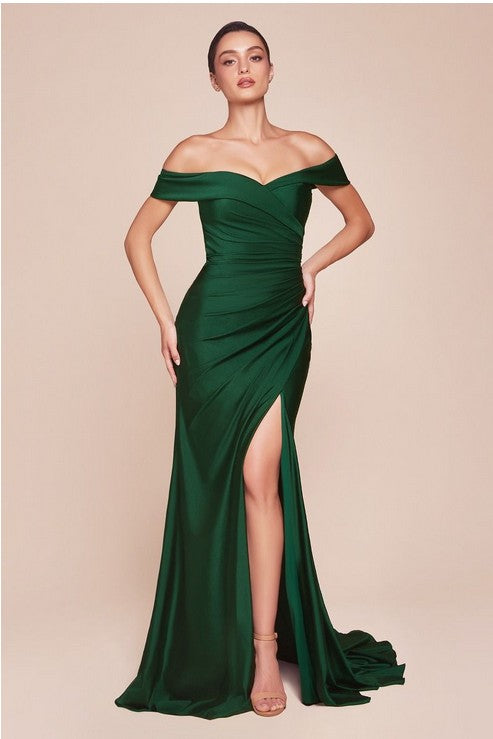 Oh So Flattering Off the Shoulder Fitted Long Formal Dress with Side Slit