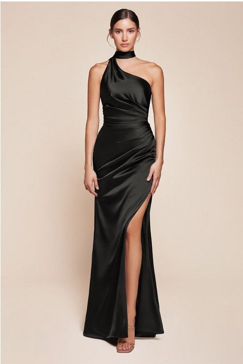 One Shoulder Luxe Satin Fitted Long Formal Dress with Side Slit and Shoulder Sash