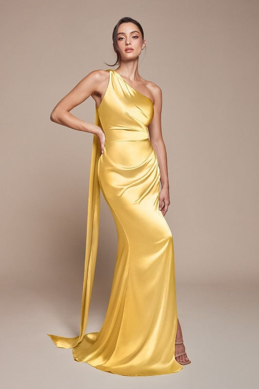 One Shoulder Luxe Satin Fitted Long Formal Dress with Side Slit and Shoulder Sash