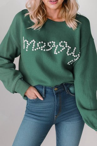 Long Sleeve Pearl Beaded Merry Casual Sweater