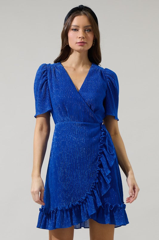 Short Sleeve Shimmer Wrap Mini Dress