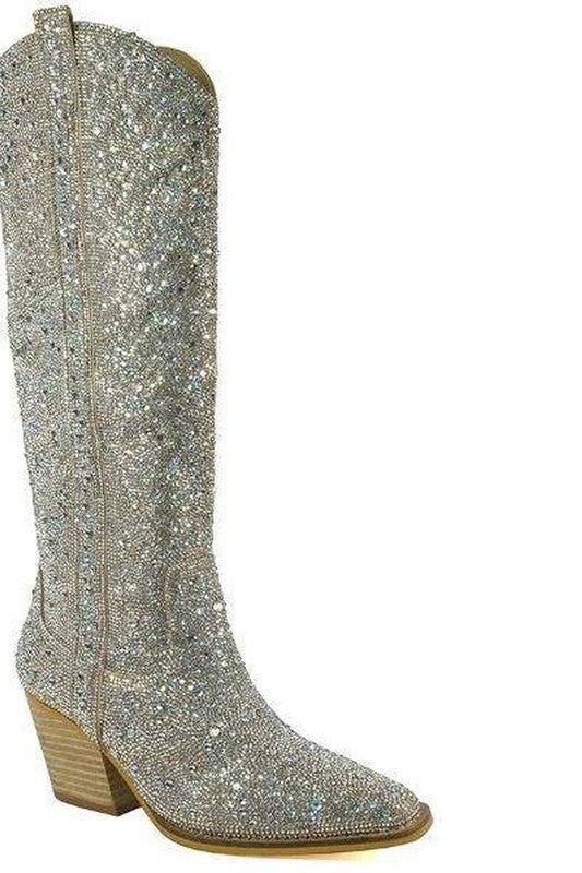 Head Turning Women's AB Rhinestone Under Knee Cowboy Boot