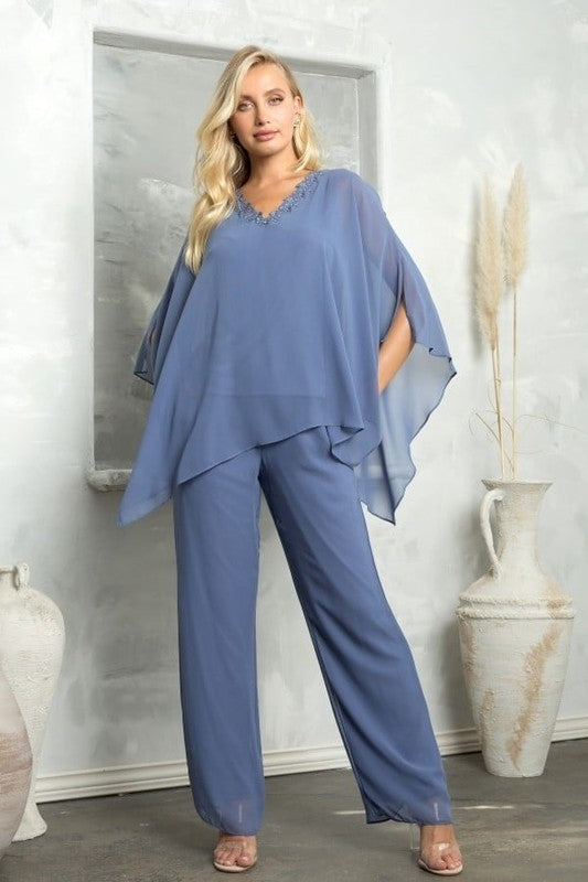 Elegant 2 Piece Chiffon Pants Set Featuring a Poncho Top and Lined Flowy Pants