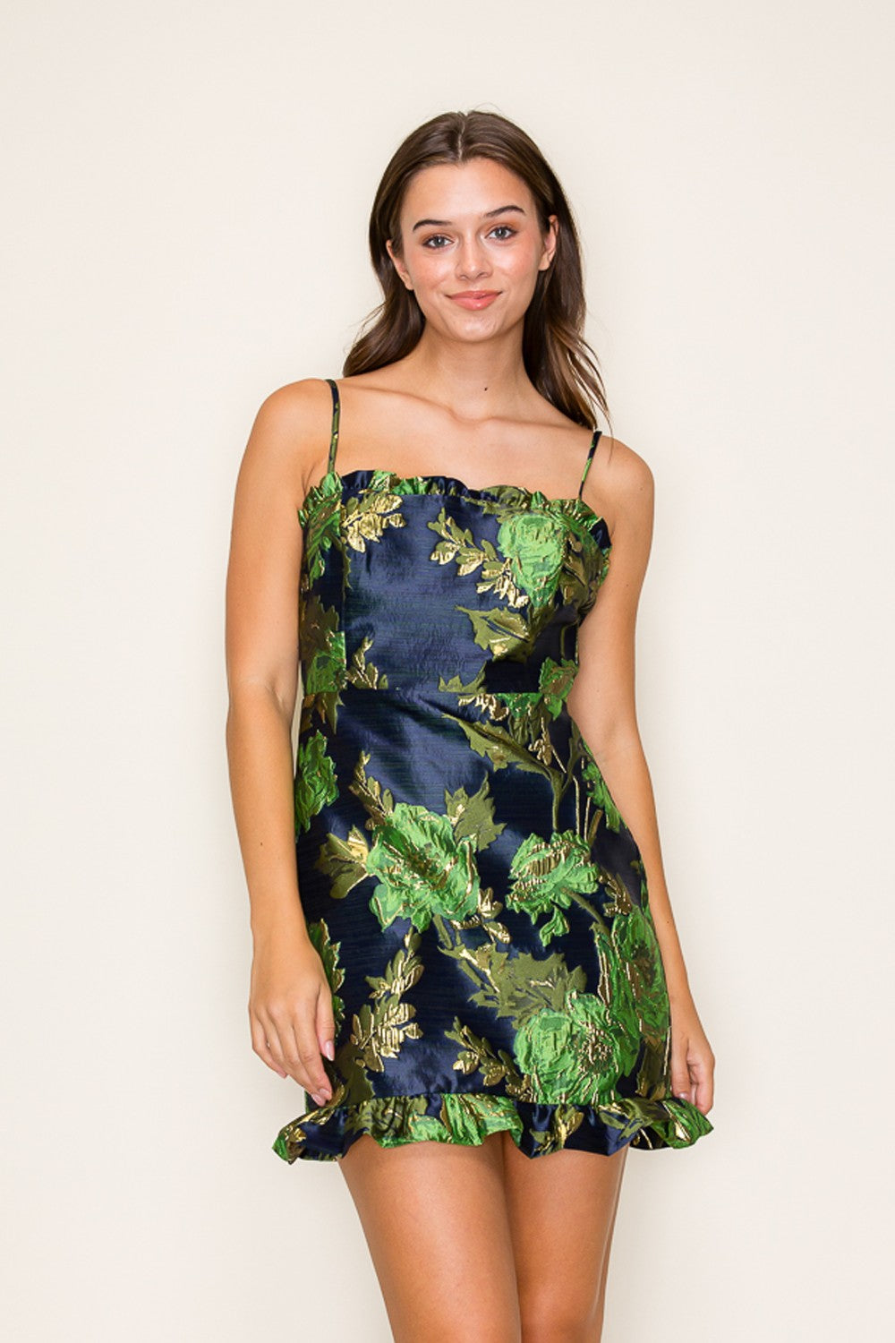 Adjustable Spaghetti Strap Fitted Jacquard Mini Dress