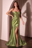Strapless Satin Fitted Long Formal Dress with Peek A Boo Bodice and Side Slit