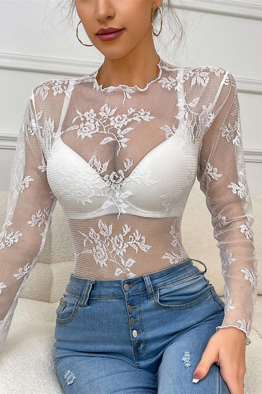 Long Sleeve Sheer Lace Detail Round Neck Top