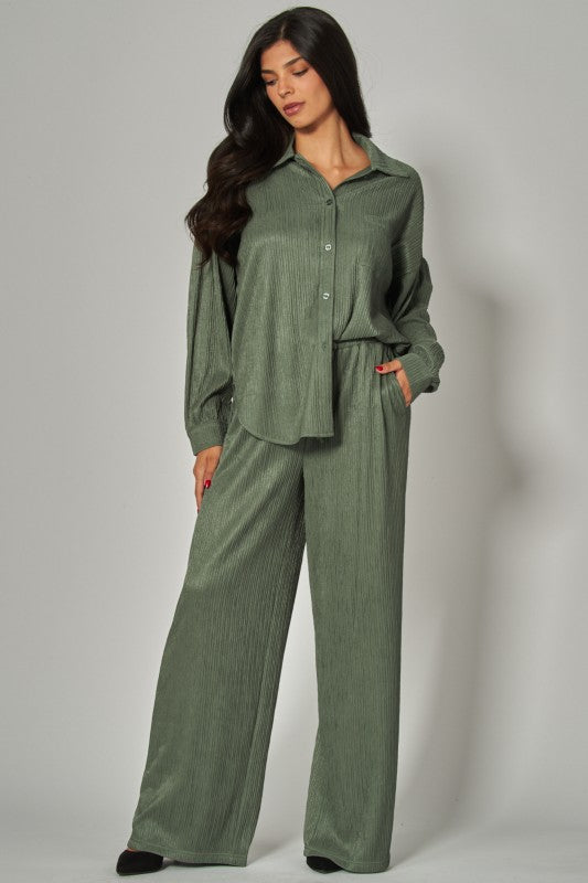 Crinkled Plisse Button Down Shirt and Long Pant Loungewear Set