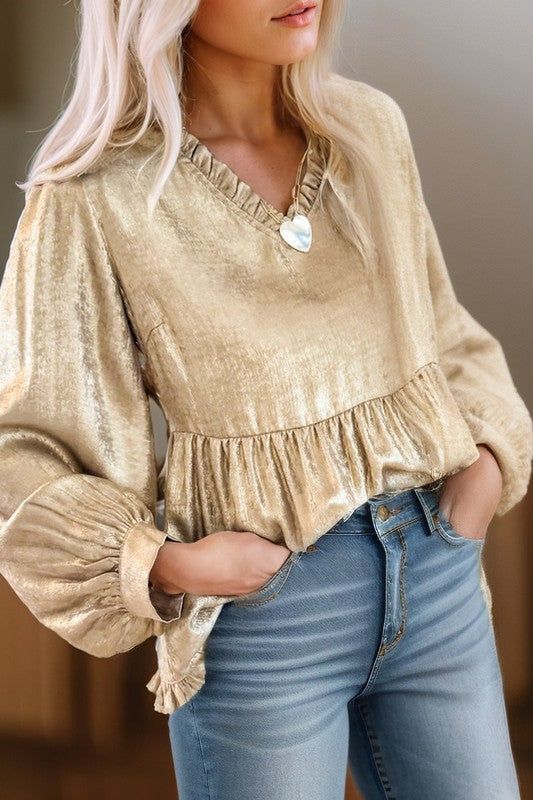 Long Sleeve V Neck Metallic Babydoll Top