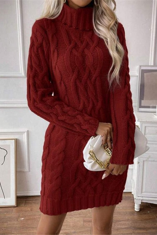 Long Sleeve Classic Turtleneck Cable Knit Sweater Dress