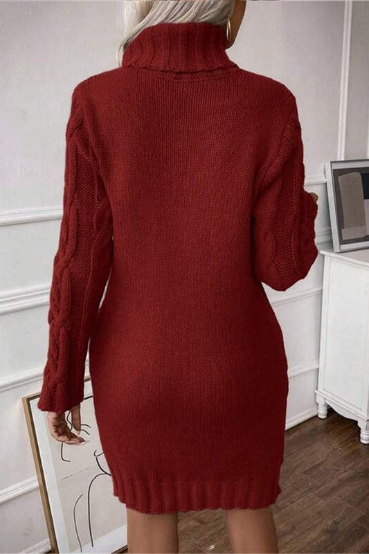 Long Sleeve Classic Turtleneck Cable Knit Sweater Dress