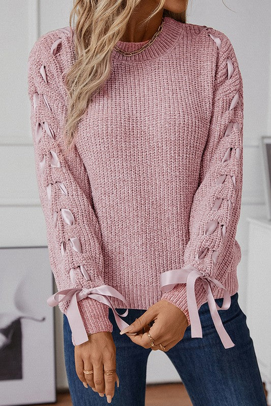 Long Sleeve Solid Loose Bow Sweater