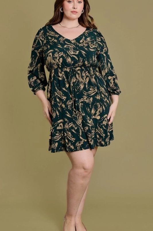 3/4 Sleeve Mini Print Dress with Drawstring Waist
