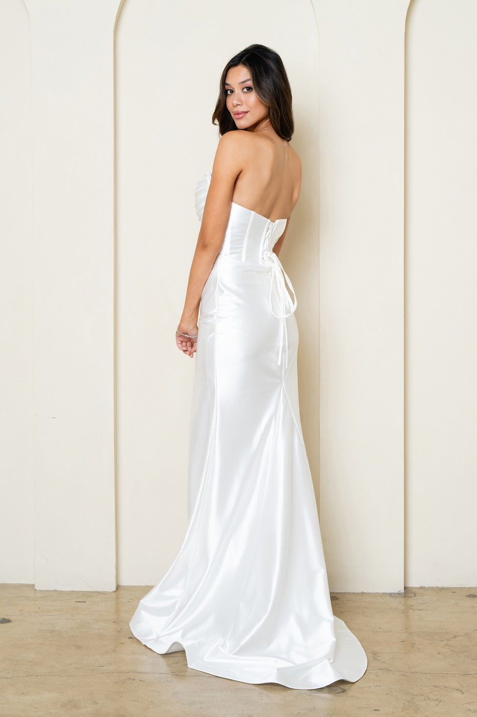 Strapless Stretch Satin Fitted Long Formal Dress with Corset Close Back