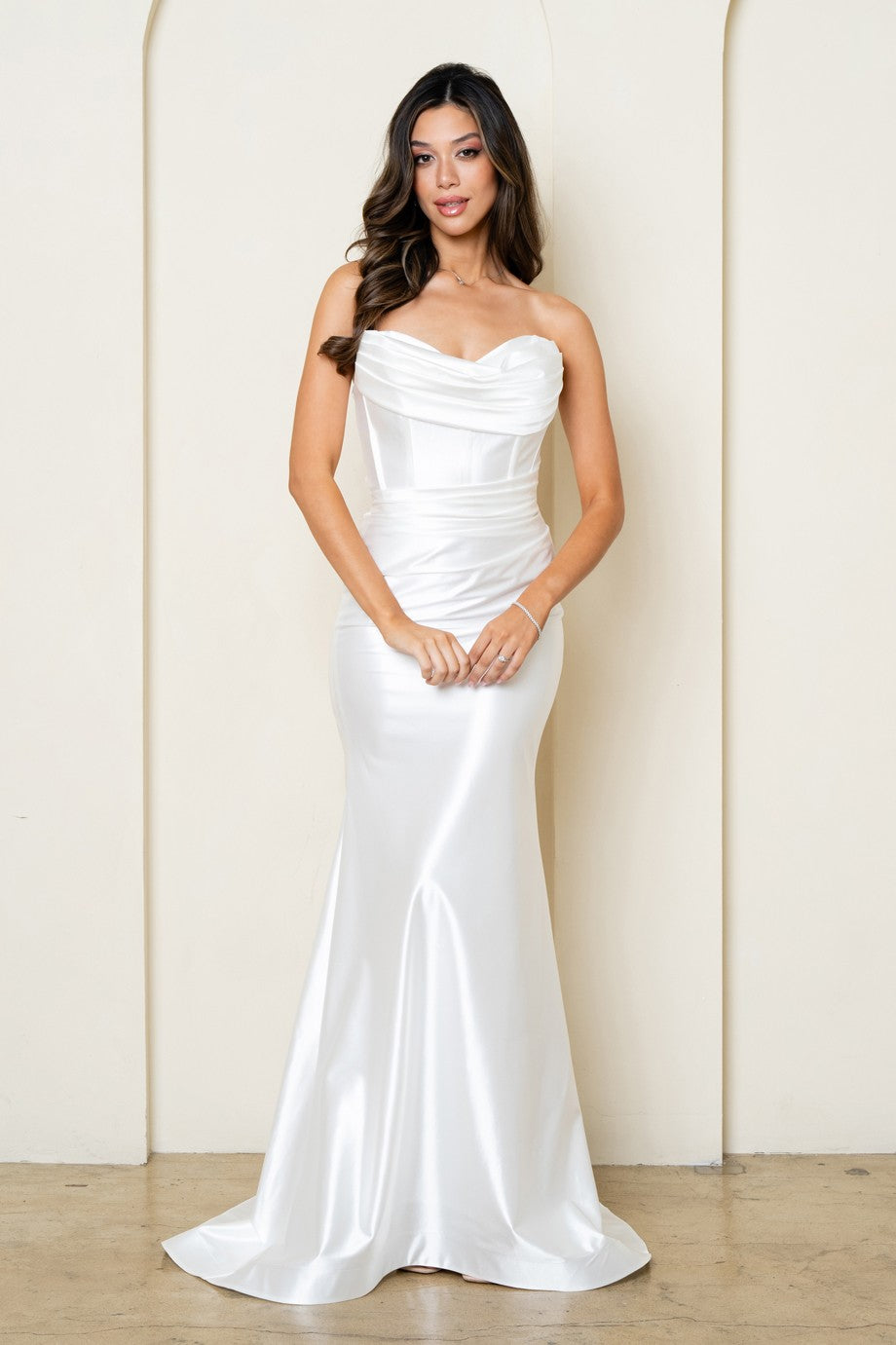 Strapless Stretch Satin Fitted Long Formal Dress with Corset Close Back