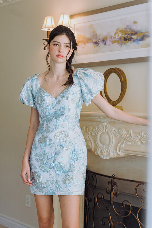 Short Puff Sleeve Jacquard Fitted Mini Dress with Back Bow Detail