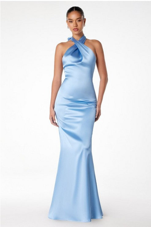 Halter Satin Long Formal Dress with Low Back