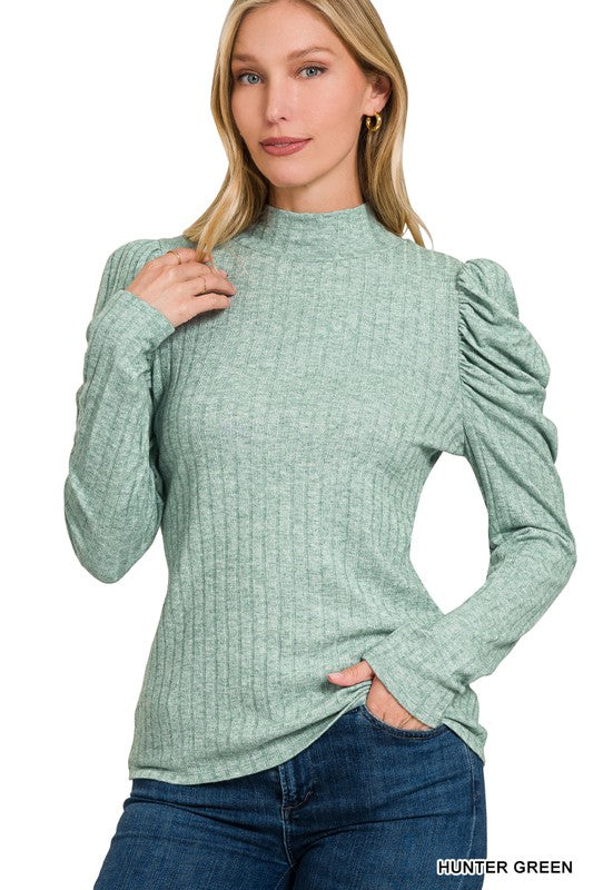 Long Puff Sleeve Ribbed Mock Neck Light Weight Sweater Top